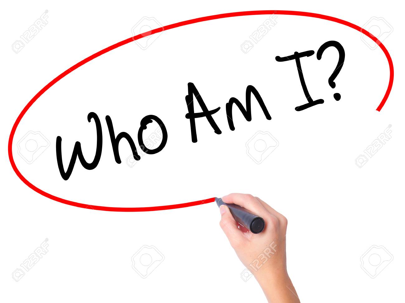 Women Hand writing Who Am I? with black marker on visual screen